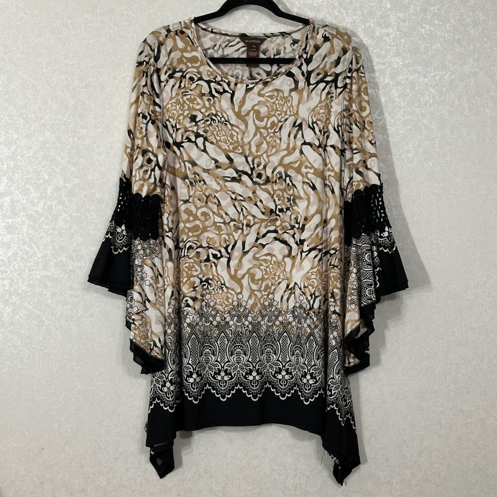 Multiples Crochet Lace Bell Sleeve Tunic Top Animal Damask Print Black Tan 1X